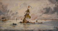 Oil painting by Adolphe Ragon “The Spanish Armada being fire-shipped by Sir Francis Drake at Calais” (3 of 4) Oil painting by Adolphe Ragon “The Spanish Armada being fire-shipped by Sir Francis Drake at Calais” (3 of 4)