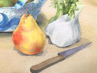 Original Watercolour 'Still-life of Pears, Fennel and Teddy Bear by Colleen Farr (5 of 6) Original Watercolour 'Still-life of Pears, Fennel and Teddy Bear by Colleen Farr (5 of 6)