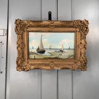 Antique coastal seascape oil painting of fishing boats signed YT (4 of 9) Antique coastal seascape oil painting of fishing boats signed YT (4 of 9)