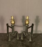 Unusual Decorative French Brass & Steel Fire Dogs with Candle Sconces (3 of 8) Unusual Decorative French Brass & Steel Fire Dogs with Candle Sconces (3 of 8)