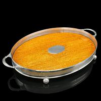 Large Antique Oval Serving Tray, English, Oak, Silver Plate - Edwardian c.1910