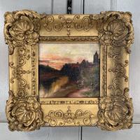Antique Victorian signed oil painting river landscape at sunset in gesso frame (4 of 8) Antique Victorian signed oil painting river landscape at sunset in gesso frame (4 of 8)