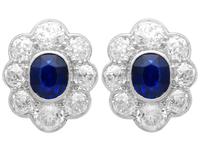 Antique 1.30ct Basaltic Sapphire and 2.10ct Diamond, 18k White Gold Cluster Earrings Circa 1930