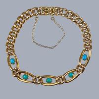 Victorian 9ct Yellow Gold Turquoise Bracelet Antique Curb Link 10g with Safety Chain Boxed – Elegant Late Victorian Jewellery