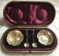 Late Victorian Solid Silver Open Salts & Spoons - Birmingham (Original Case)