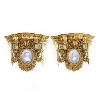 Pair of Spectacular French Gilt Bronze Consoles with Porcelain Miniatures