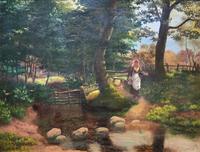 John Barter Lovely 19th Century Oil Painting 'Crossing the Stones' (2 of 14) John Barter Lovely 19th Century Oil Painting 'Crossing the Stones' (2 of 14)
