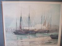 Henry George Walker (1876-1932): coloured etching of moored fishing boats at Brixham Harbour, Devon (2 of 3) Henry George Walker (1876-1932): coloured etching of moored fishing boats at Brixham Harbour, Devon (2 of 3)