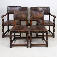 Handsome 1930s Set of 6 Oak & Leather Dining Chairs