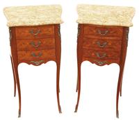 Antique Pair Marquetry Bedside Tables with Marble Tops – Quality Nightstands, Early 20th Century