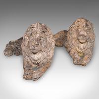 Pair of Antique Garden Lions, English, Outdoor, Fireside, Ornamental, Edwardian