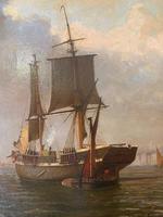 Oil on Canvas Entitled - A Busy Harbour by William R Wells (3 of 3) Oil on Canvas Entitled - A Busy Harbour by William R Wells (3 of 3)
