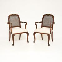 Pair of Antique Edwardian Lacquered Walnut and Cane Armchairs