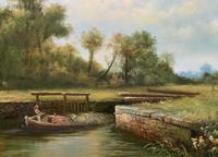 Superb Large Vintage Gilt-Framed Landscape Oil Painting of Barge on the Canal (10 of 13) Superb Large Vintage Gilt-Framed Landscape Oil Painting of Barge on the Canal (10 of 13)