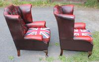 1960s Pair Red Leather Wingback Armchairs with Union Jack (2 of 4) 1960s Pair Red Leather Wingback Armchairs with Union Jack (2 of 4)