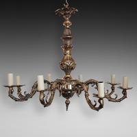 1920's Eight Branch Brass Chandelier with Cast Acanthus Leaf Mounts