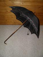 Antique Ladies Floral Black Canopy Umbrella W/Partridge Wood & Gold Plate Handle (11 of 15) Antique Ladies Floral Black Canopy Umbrella W/Partridge Wood & Gold Plate Handle (11 of 15)