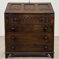 Antique 20th Century Good Quality Linenfold Bureau in Oak (1 of 13)