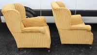 Pair 1940s Mahogany Wingback Armchairs Upholstered in Gold (3 of 3) Pair 1940s Mahogany Wingback Armchairs Upholstered in Gold (3 of 3)