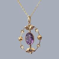 Antique Edwardian 9ct Gold Amethyst & Seed Pearl Pendant Necklace c.1910