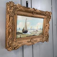 Antique coastal seascape oil painting of fishing boats signed YT (2 of 9) Antique coastal seascape oil painting of fishing boats signed YT (2 of 9)