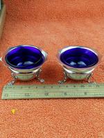 Pair of Sterling Silver Hallmarked Salt Cellar Pot with Blue Glass Liner (3 of 10) Pair of Sterling Silver Hallmarked Salt Cellar Pot with Blue Glass Liner (3 of 10)
