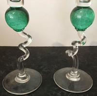Pair of Vintage Green Glass Candlesticks (2 of 4) Pair of Vintage Green Glass Candlesticks (2 of 4)