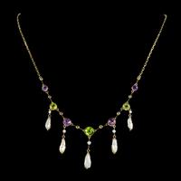 Antique Suffragette Necklace Baroque Pearls Amethyst Peridot 15ct Gold c.1910 (4 of 5) Antique Suffragette Necklace Baroque Pearls Amethyst Peridot 15ct Gold c.1910 (4 of 5)