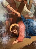 Antique French Gothic Religious Oil Painting Study of One of the Stations of the Cross (4 of 9) Antique French Gothic Religious Oil Painting Study of One of the Stations of the Cross (4 of 9)
