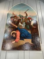 Antique French Gothic Religious Oil Painting Study of One of the Stations of the Cross (7 of 9) Antique French Gothic Religious Oil Painting Study of One of the Stations of the Cross (7 of 9)